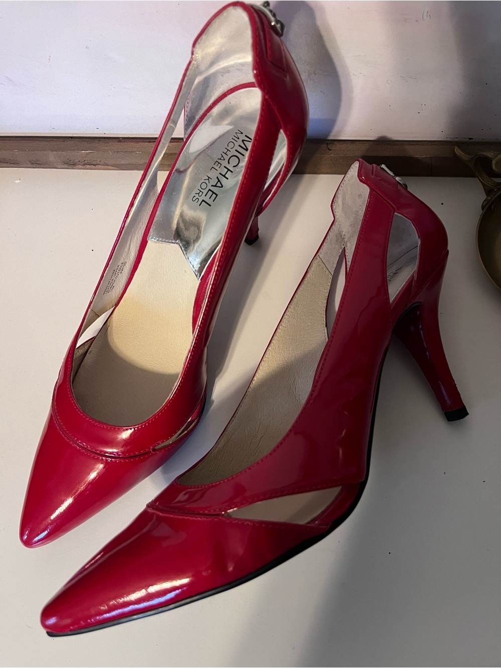 Michael Kors Red Patent Leather Pointed Toe Cutout Heels